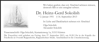 Anzeige von Heinz-Gerd Sokolish von Kölner Stadt-Anzeiger / Kölnische Rundschau / Express