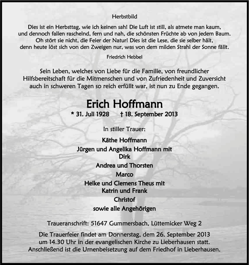  Traueranzeige für Erich Hoffmann vom 21.09.2013 aus Kölner Stadt-Anzeiger / Kölnische Rundschau / Express