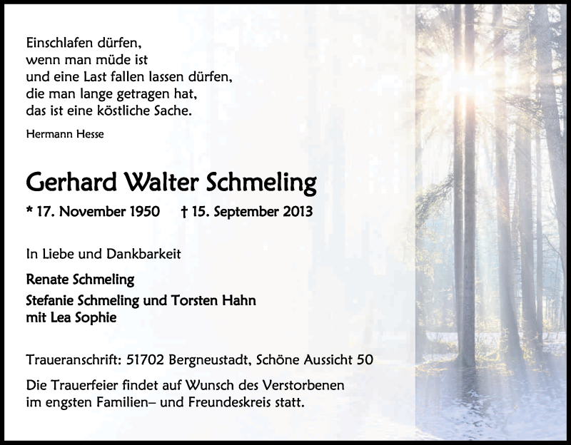  Traueranzeige für Gerhard Schmeling vom 21.09.2013 aus Kölner Stadt-Anzeiger / Kölnische Rundschau / Express