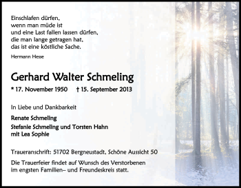Anzeige von Gerhard Schmeling von Kölner Stadt-Anzeiger / Kölnische Rundschau / Express