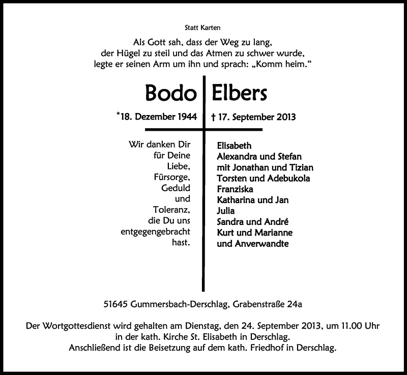  Traueranzeige für Bodo Elbers vom 21.09.2013 aus Kölner Stadt-Anzeiger / Kölnische Rundschau / Express