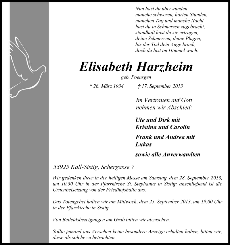  Traueranzeige für Elisabeth Harzheim vom 21.09.2013 aus Kölner Stadt-Anzeiger / Kölnische Rundschau / Express