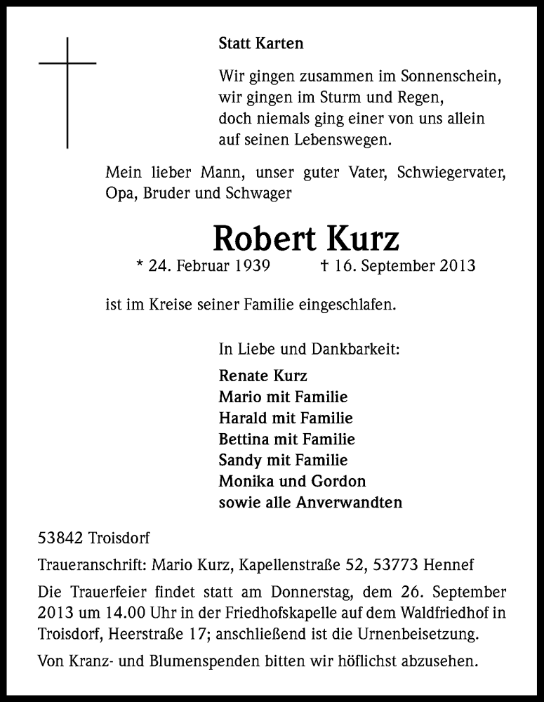  Traueranzeige für Robert Kurz vom 21.09.2013 aus Kölner Stadt-Anzeiger / Kölnische Rundschau / Express