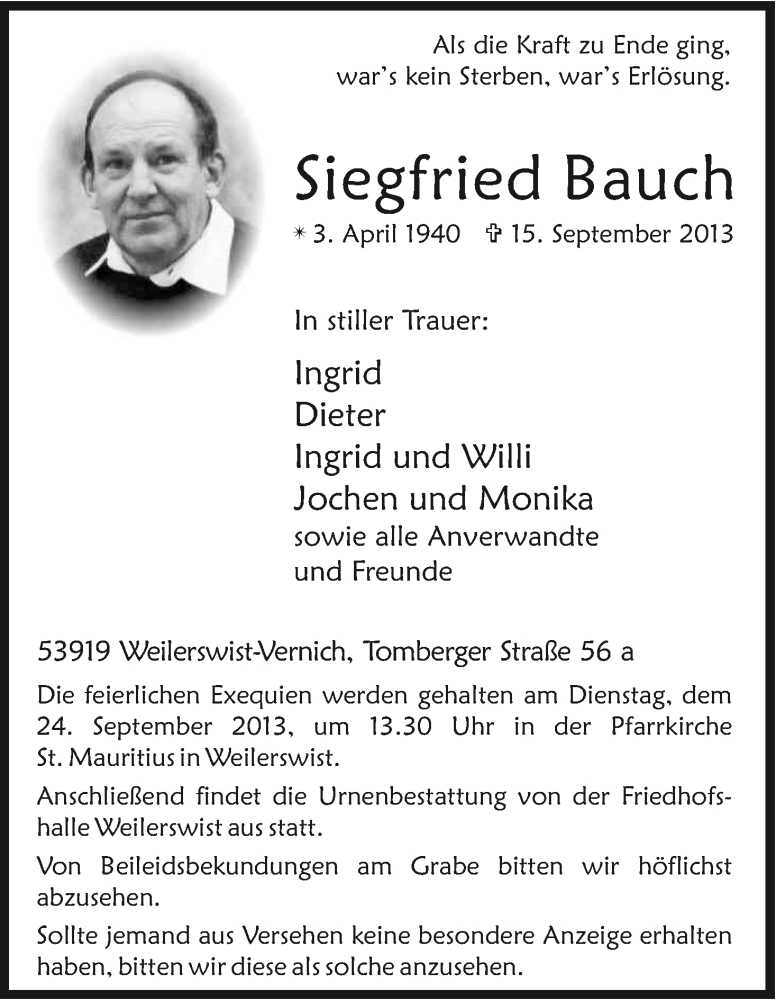  Traueranzeige für Siegfried Bauch vom 21.09.2013 aus Kölner Stadt-Anzeiger / Kölnische Rundschau / Express