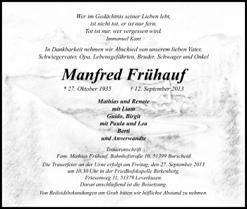 Anzeige von Manfred Frühauf von Kölner Stadt-Anzeiger / Kölnische Rundschau / Express