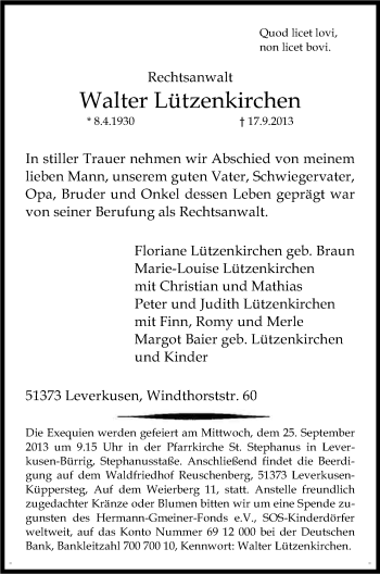 Anzeige von Walter Lützenkirchen von Kölner Stadt-Anzeiger / Kölnische Rundschau / Express