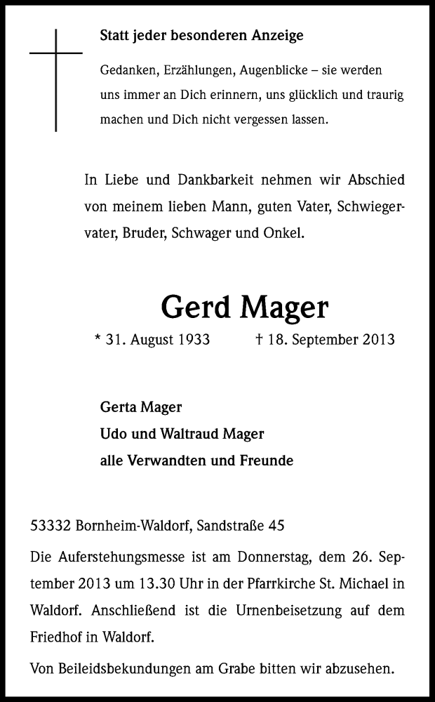 Traueranzeige für Gerd Mager vom 21.09.2013 aus Kölner Stadt-Anzeiger / Kölnische Rundschau / Express