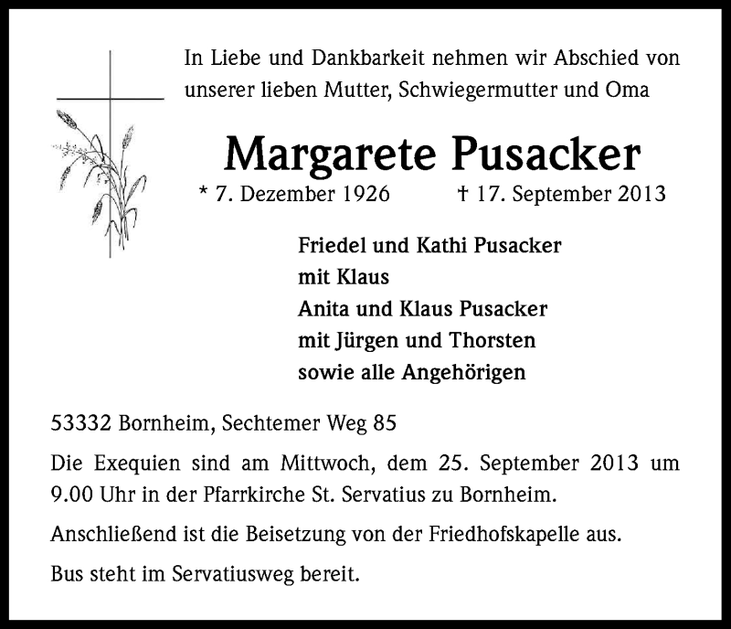  Traueranzeige für Margarete Pusacker vom 21.09.2013 aus Kölner Stadt-Anzeiger / Kölnische Rundschau / Express