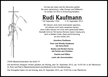 Anzeige von Rudi Kaufmann von Kölner Stadt-Anzeiger / Kölnische Rundschau / Express