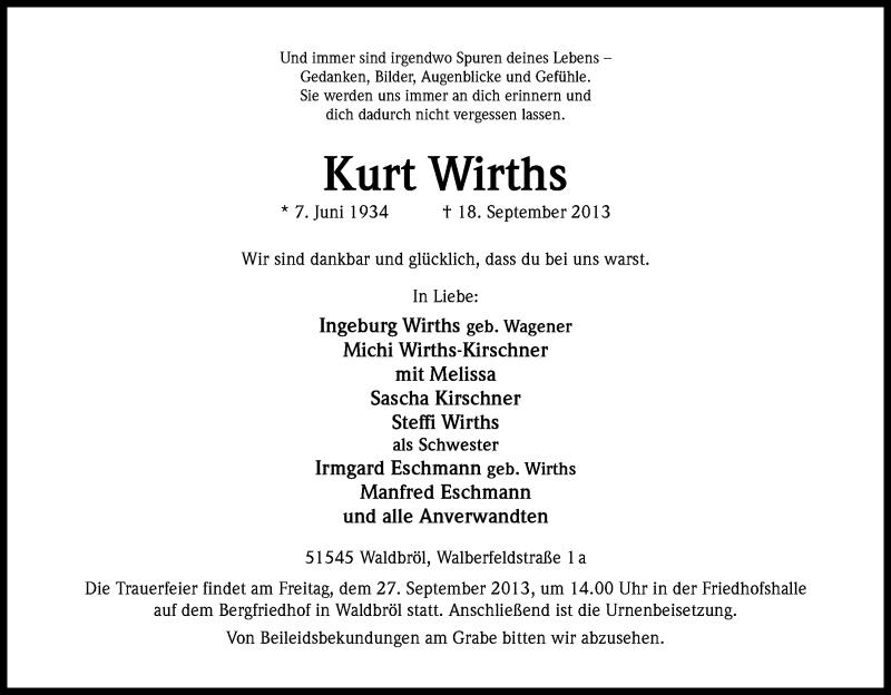  Traueranzeige für Kurt Wirths vom 21.09.2013 aus Kölner Stadt-Anzeiger / Kölnische Rundschau / Express