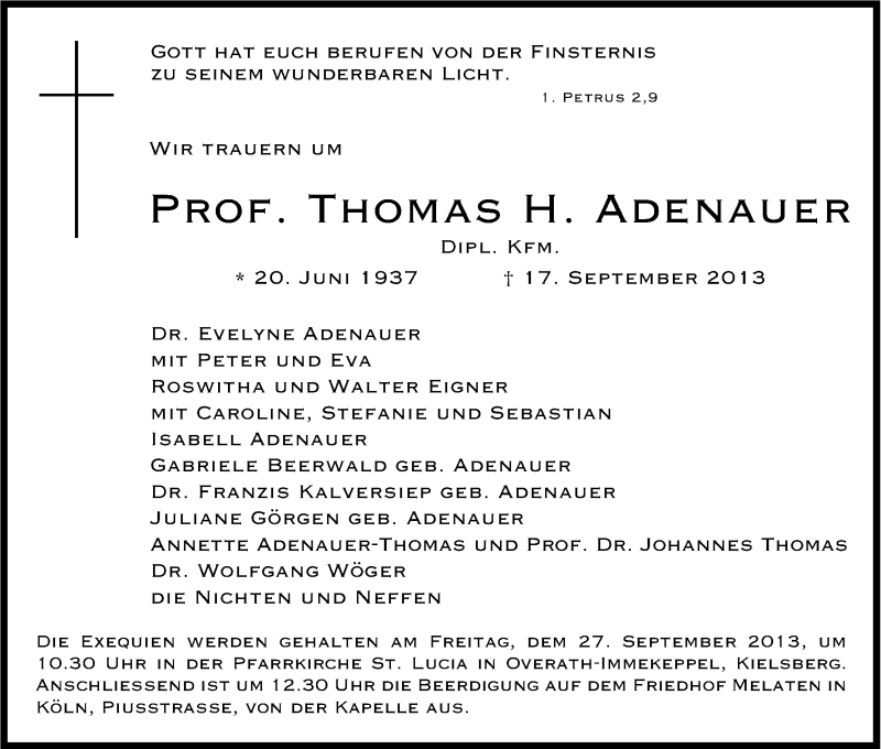  Traueranzeige für Thomas Adenauer vom 21.09.2013 aus Kölner Stadt-Anzeiger / Kölnische Rundschau / Express