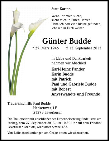 Anzeige von Günter Budde von Kölner Stadt-Anzeiger / Kölnische Rundschau / Express