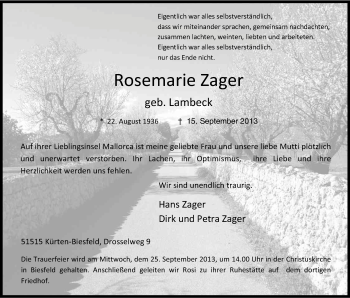 Anzeige von Rosemarie Zager von Kölner Stadt-Anzeiger / Kölnische Rundschau / Express