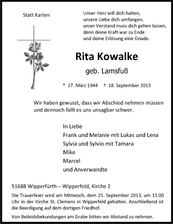 Anzeige von Rita Kowalke von Kölner Stadt-Anzeiger / Kölnische Rundschau / Express