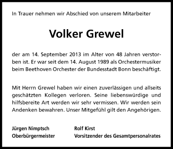 Anzeige von Volker Grewel von Kölner Stadt-Anzeiger / Kölnische Rundschau / Express