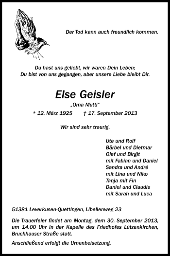 Anzeige von Else Geisler von Kölner Stadt-Anzeiger / Kölnische Rundschau / Express