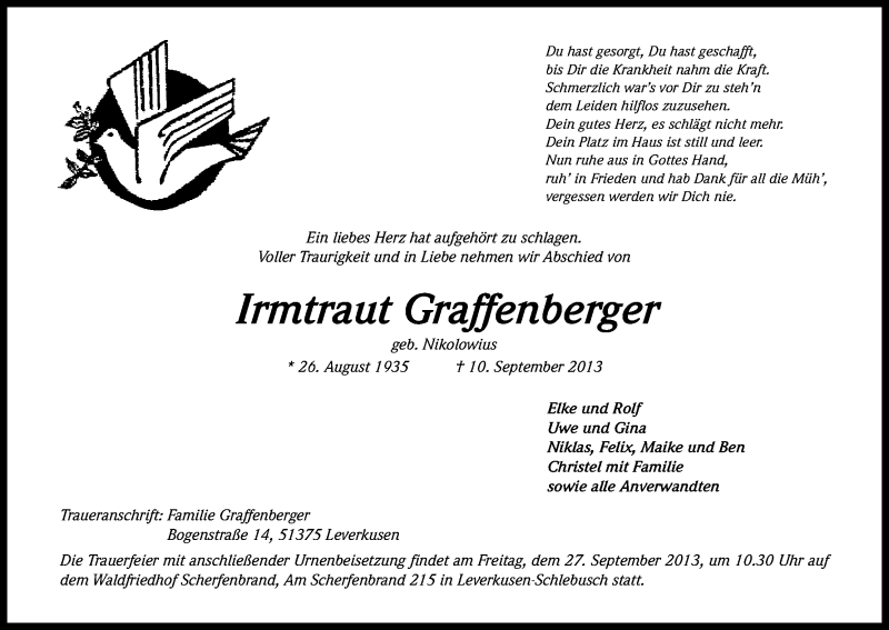  Traueranzeige für Irmtraut Graffenberger vom 21.09.2013 aus Kölner Stadt-Anzeiger / Kölnische Rundschau / Express