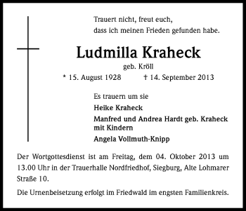 Anzeige von Ludmilla Kraheck von Kölner Stadt-Anzeiger / Kölnische Rundschau / Express