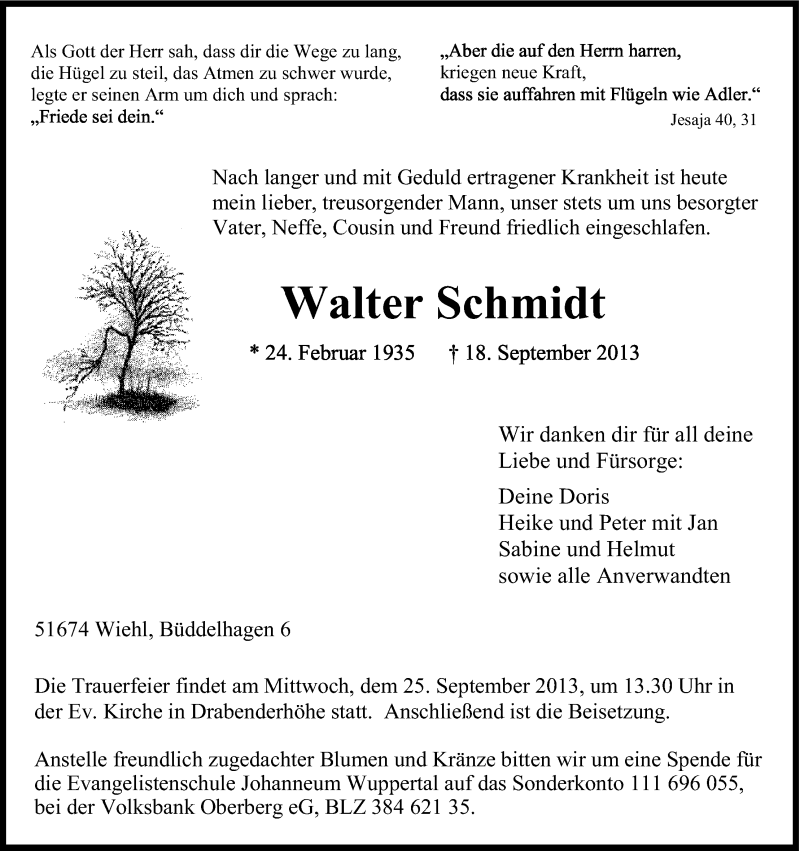  Traueranzeige für Walter Schmidt vom 21.09.2013 aus Kölner Stadt-Anzeiger / Kölnische Rundschau / Express