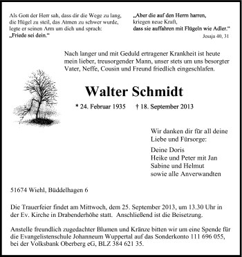 Anzeige von Walter Schmidt von Kölner Stadt-Anzeiger / Kölnische Rundschau / Express