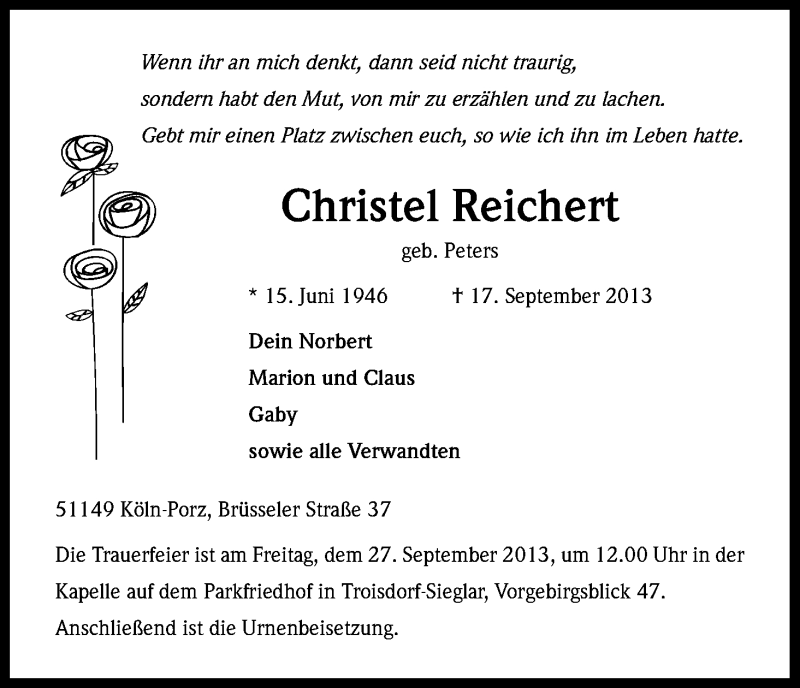  Traueranzeige für Christel Reichert vom 21.09.2013 aus Kölner Stadt-Anzeiger / Kölnische Rundschau / Express