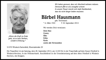 Anzeige von Bärbel Hausmann von Kölner Stadt-Anzeiger / Kölnische Rundschau / Express
