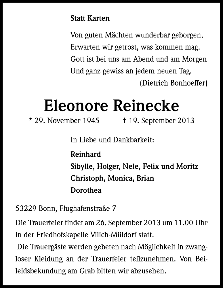  Traueranzeige für Eleonore Reinecke vom 21.09.2013 aus Kölner Stadt-Anzeiger / Kölnische Rundschau / Express