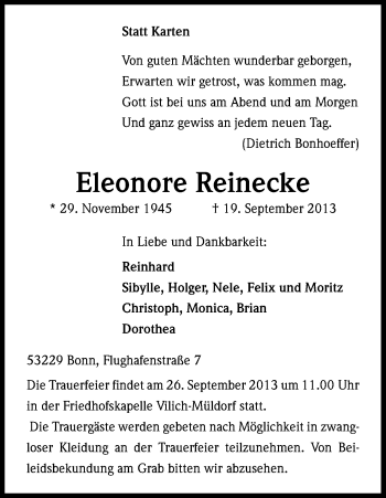 Anzeige von Eleonore Reinecke von Kölner Stadt-Anzeiger / Kölnische Rundschau / Express