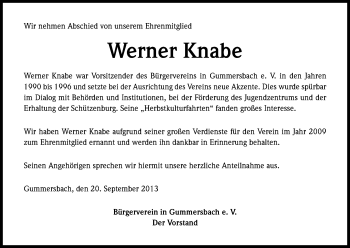 Anzeige von Werner Knabe von Kölner Stadt-Anzeiger / Kölnische Rundschau / Express
