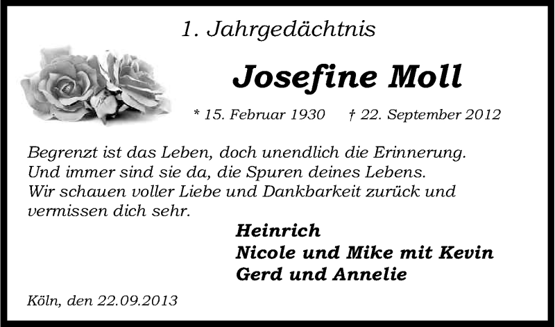  Traueranzeige für Josefine Moll vom 21.09.2013 aus Kölner Stadt-Anzeiger / Kölnische Rundschau / Express