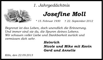 Anzeige von Josefine Moll von Kölner Stadt-Anzeiger / Kölnische Rundschau / Express