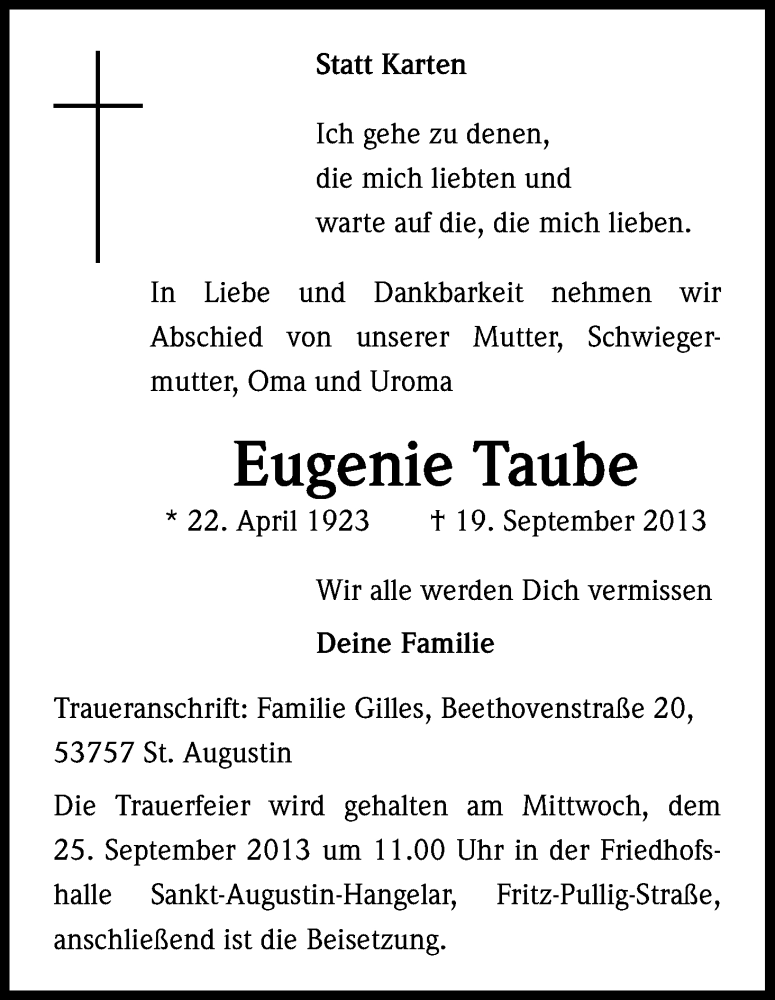  Traueranzeige für Eugenie Taube vom 21.09.2013 aus Kölner Stadt-Anzeiger / Kölnische Rundschau / Express