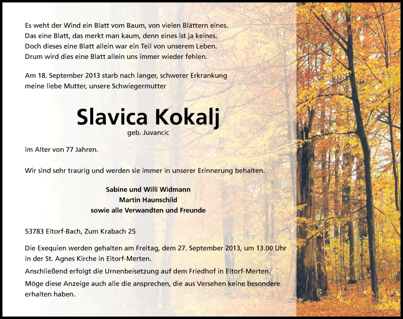  Traueranzeige für Slavica Kokalj vom 24.09.2013 aus Kölner Stadt-Anzeiger / Kölnische Rundschau / Express