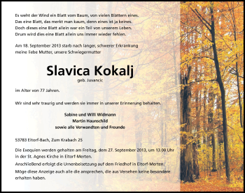 Anzeige von Slavica Kokalj von Kölner Stadt-Anzeiger / Kölnische Rundschau / Express
