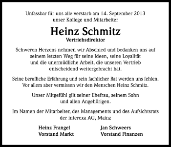 Anzeige von Heinz Schmitz von Kölner Stadt-Anzeiger / Kölnische Rundschau / Express