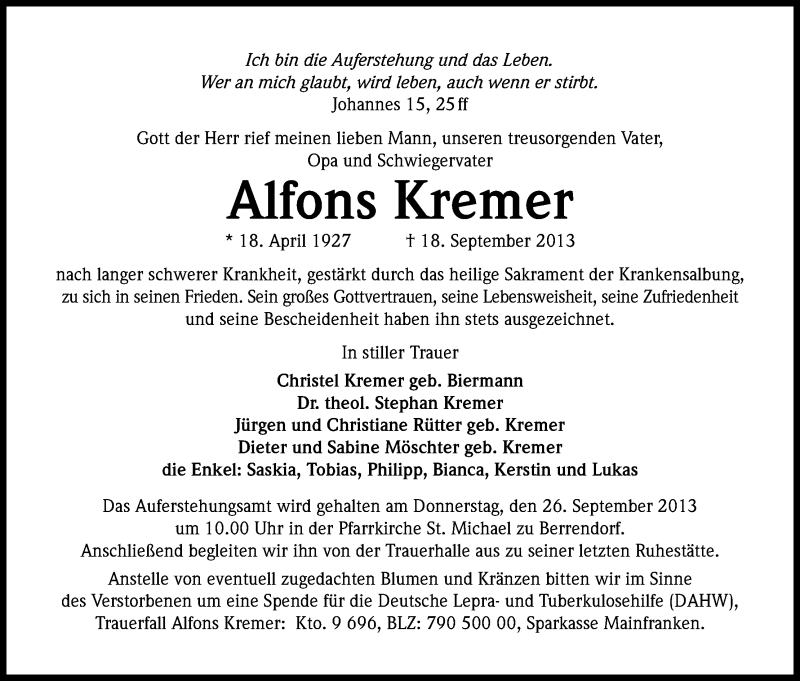 Traueranzeige für Alfons Kremer vom 21.09.2013 aus Kölner Stadt-Anzeiger / Kölnische Rundschau / Express