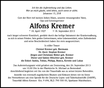 Anzeige von Alfons Kremer von Kölner Stadt-Anzeiger / Kölnische Rundschau / Express