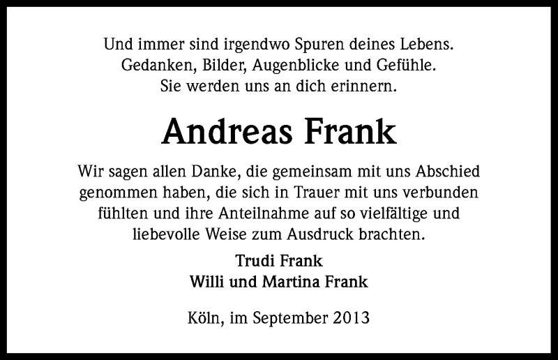  Traueranzeige für Andreas Frank vom 28.09.2013 aus Kölner Stadt-Anzeiger / Kölnische Rundschau / Express