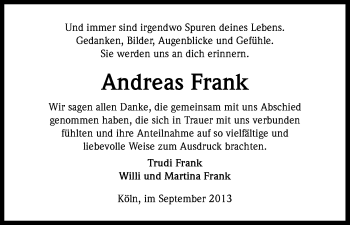 Anzeige von Andreas Frank von Kölner Stadt-Anzeiger / Kölnische Rundschau / Express