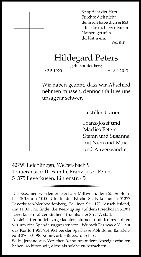  Traueranzeige für Hildegard Peters vom 23.09.2013 aus Kölner Stadt-Anzeiger / Kölnische Rundschau / Express