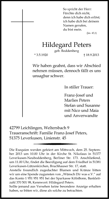 Anzeige von Hildegard Peters von Kölner Stadt-Anzeiger / Kölnische Rundschau / Express