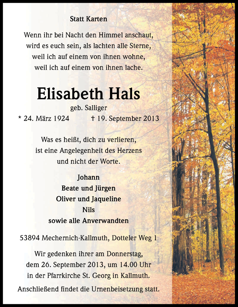  Traueranzeige für Elisabeth Hals vom 21.09.2013 aus Kölner Stadt-Anzeiger / Kölnische Rundschau / Express