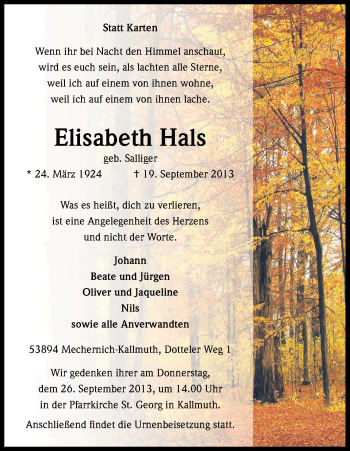 Anzeige von Elisabeth Hals von Kölner Stadt-Anzeiger / Kölnische Rundschau / Express