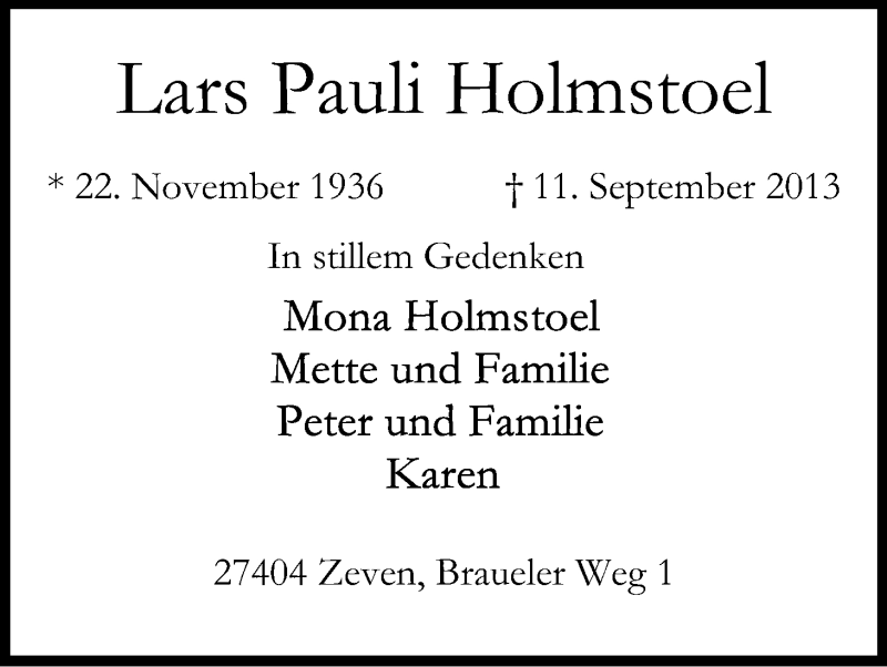  Traueranzeige für Lars Pauli Holmstoel vom 26.09.2013 aus Kölner Stadt-Anzeiger / Kölnische Rundschau / Express