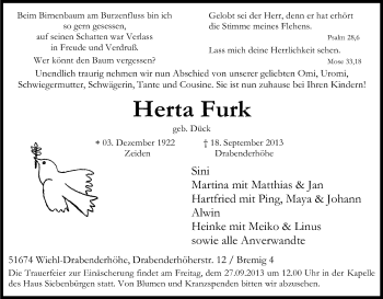 Anzeige von Herta Furk von Kölner Stadt-Anzeiger / Kölnische Rundschau / Express