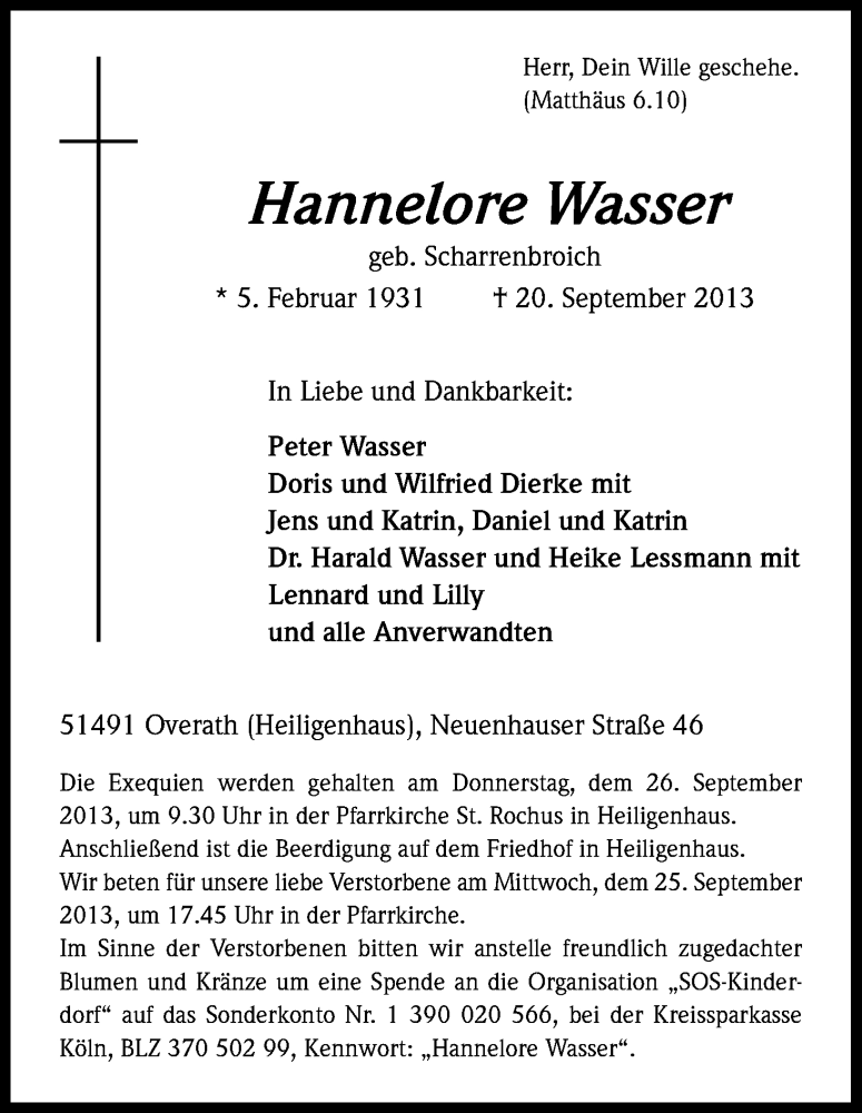  Traueranzeige für Hannelore Wasser vom 23.09.2013 aus Kölner Stadt-Anzeiger / Kölnische Rundschau / Express