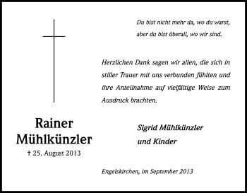 Anzeige von Rainer Mühlkünzler von Kölner Stadt-Anzeiger / Kölnische Rundschau / Express