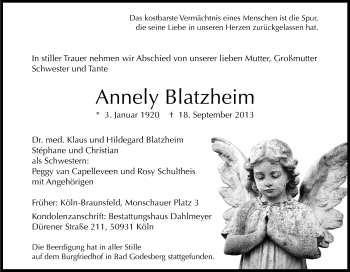 Anzeige von Annely Blatzheim von Kölner Stadt-Anzeiger / Kölnische Rundschau / Express