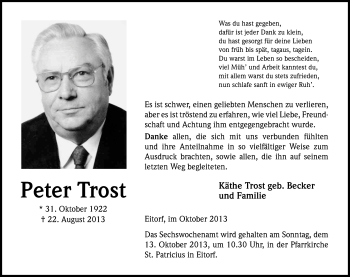 Anzeige von Peter Trost von Kölner Stadt-Anzeiger / Kölnische Rundschau / Express