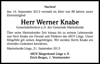 Anzeige von Werner Knabe von Kölner Stadt-Anzeiger / Kölnische Rundschau / Express